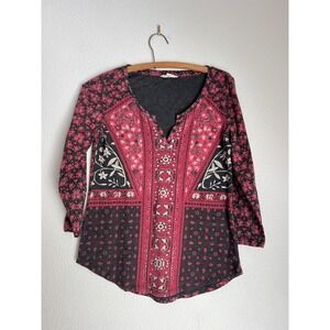 Lucky Brand Floral Print 3/4 Sleeve Top Red Black‎ XS Casual Boho Blouse